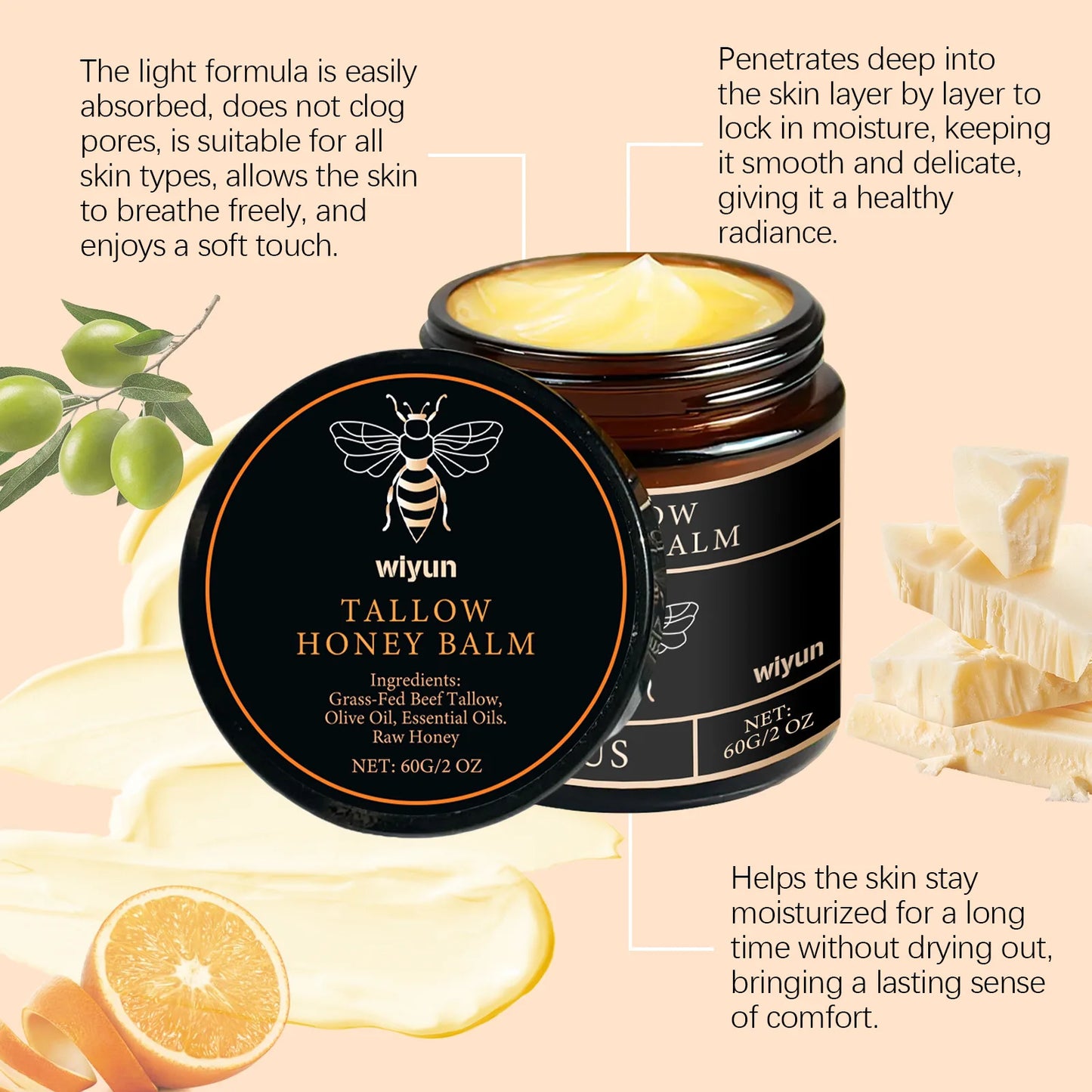 Organic Grass Fed Beef Tallow Balm Raw Honey Moisturizing Soft Improve Elasticity Long-Lasting Smooth Hydrating Cream Skin Care